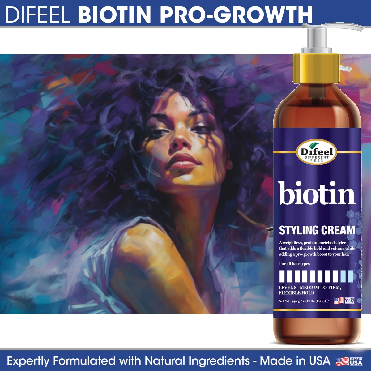Difeel Biotin Styling Cream pro-growth nourishing formula supports hair health over time