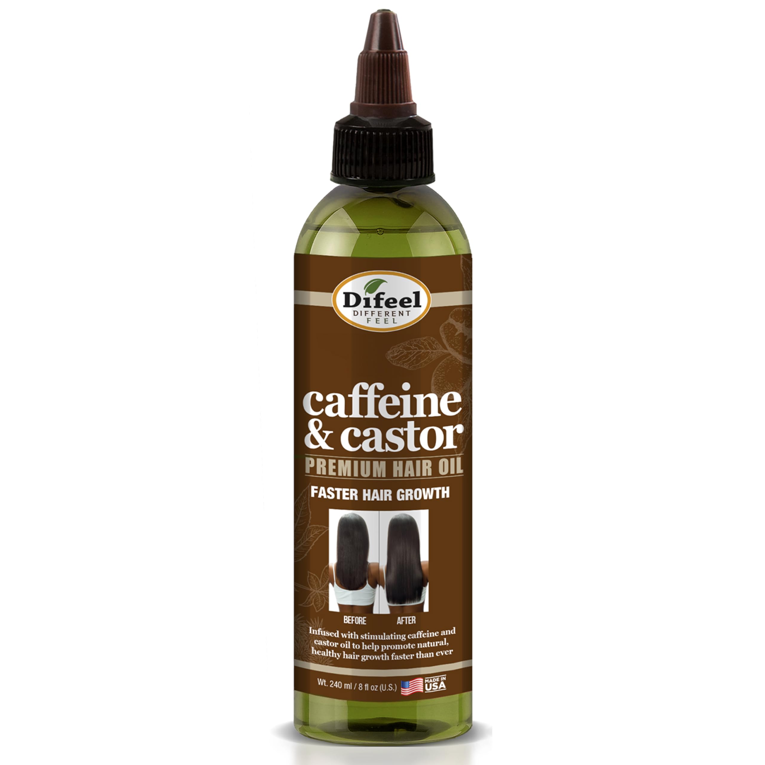 Difeel caffeine and castor oil bottle for daily scalp care and hydration.