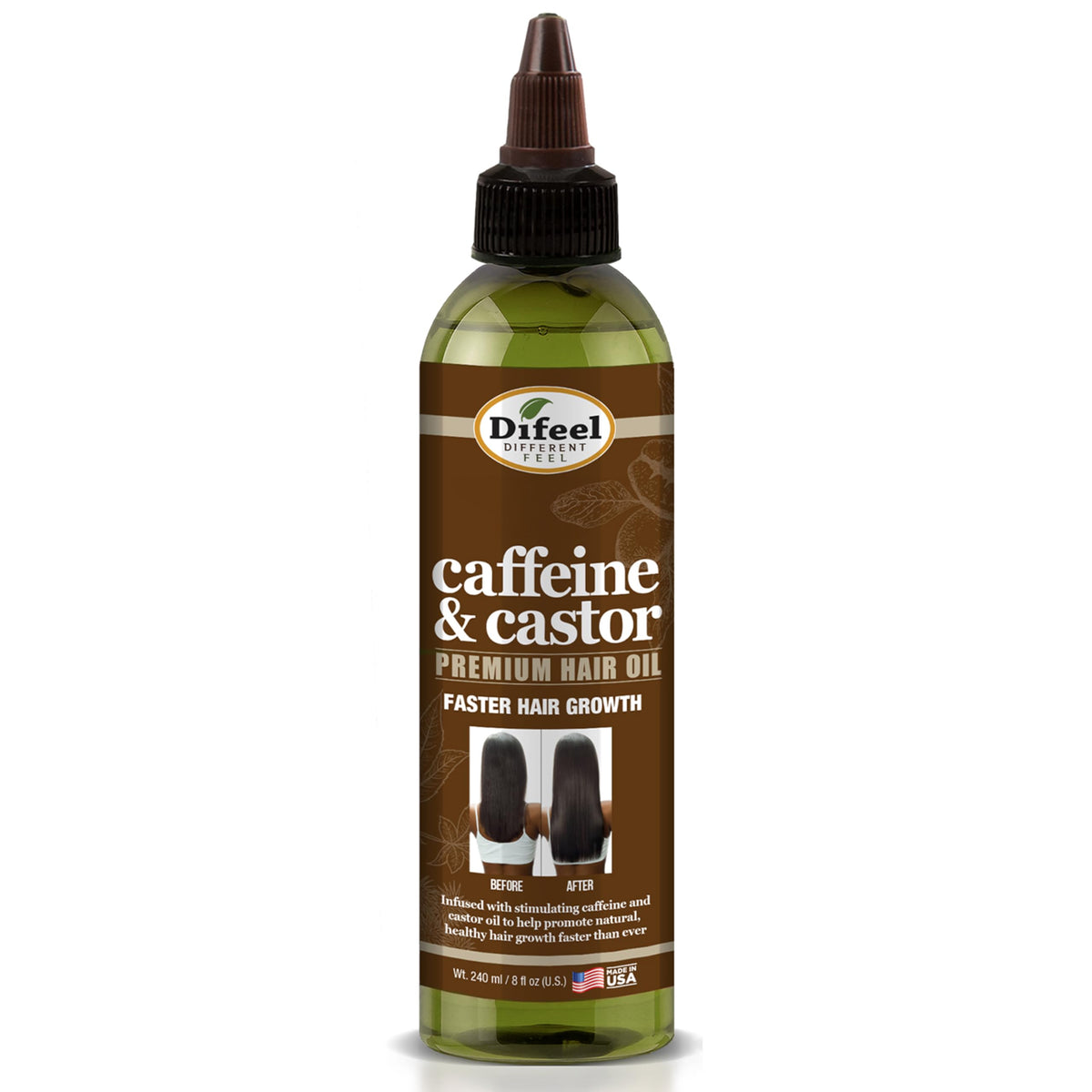 Difeel caffeine and castor oil bottle for daily scalp care and hydration.
