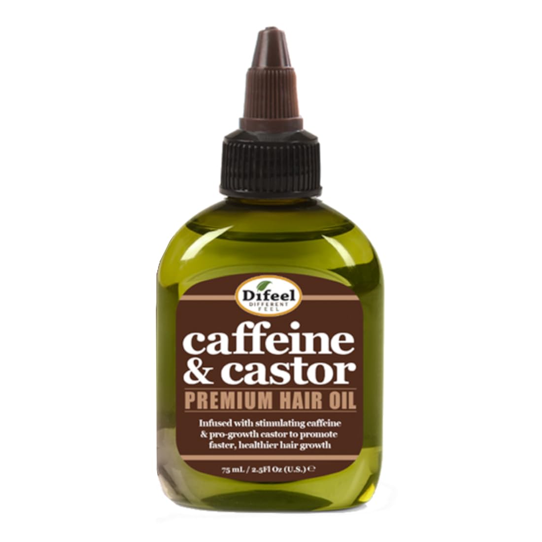 Difeel caffeine-castor oil bottle for daily scalp nourishment.