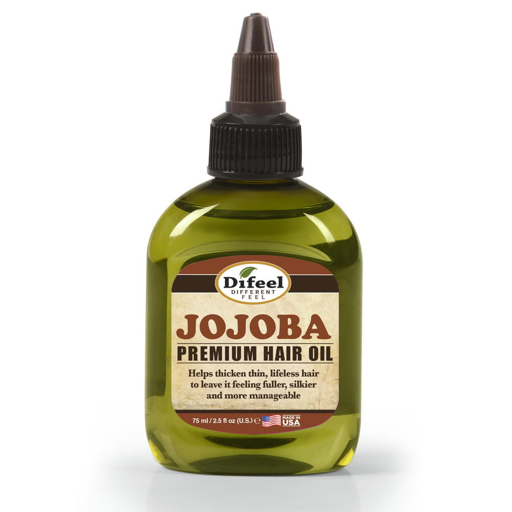 Difeel jojoba oil bottle pour showing easy scalp application and moisture