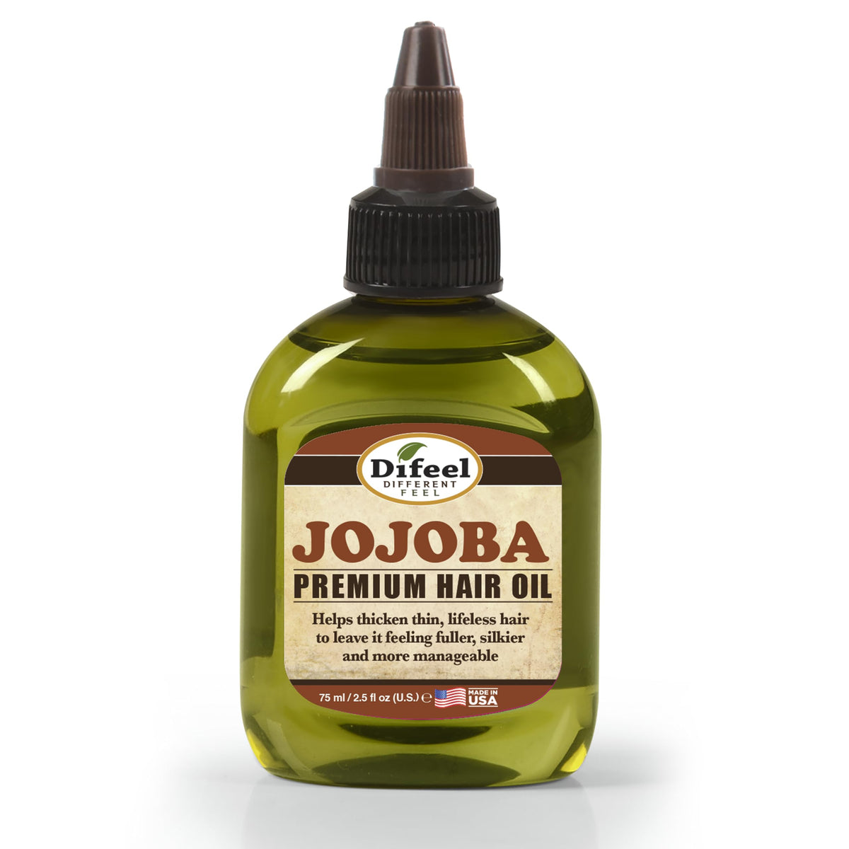 Difeel jojoba oil bottle pour showing easy scalp application and moisture