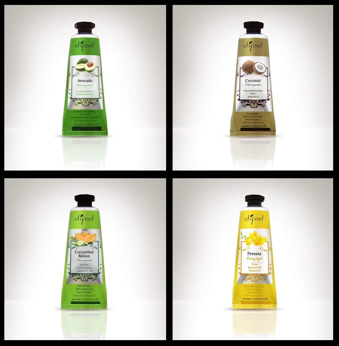 Difeel Luxury Hand Creams lineup highlighting scents and moisturizers