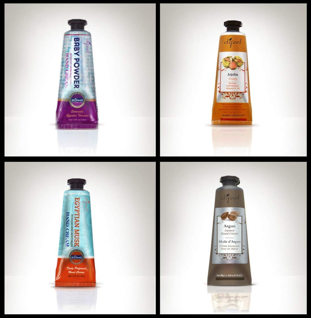 Difeel Luxury Hand Creams tube packaging for compact travel moisture