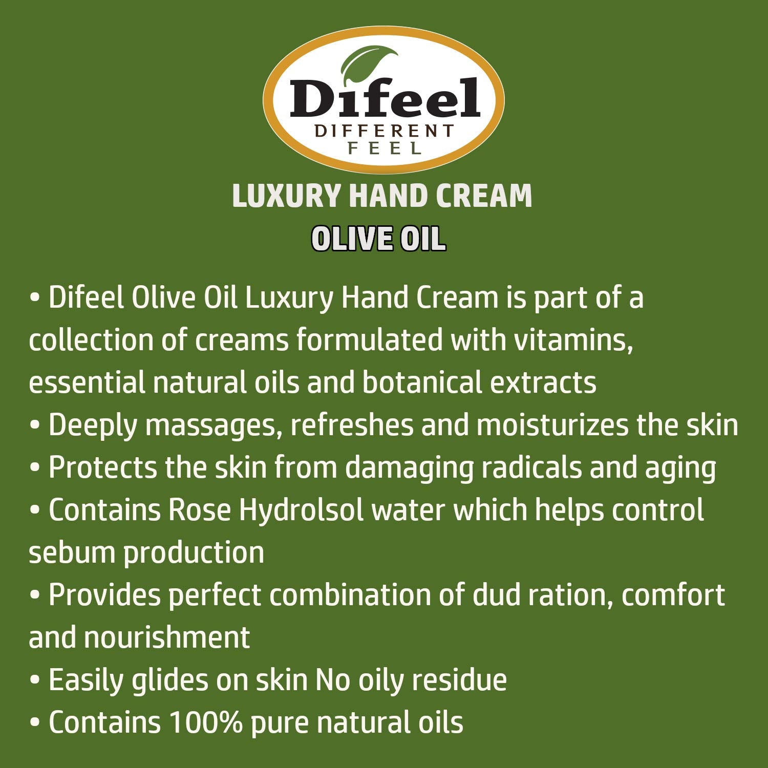 Difeel Olive Oil Hand Cream tube display highlighting nourishing oil blend.