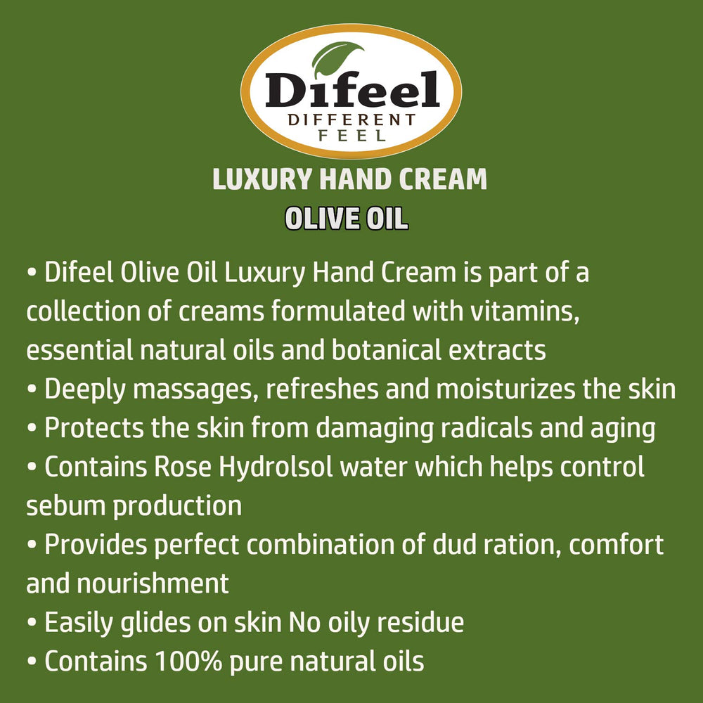 Difeel Olive Oil Hand Cream tube display highlighting nourishing oil blend.