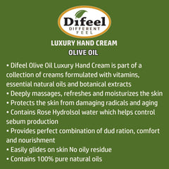 Difeel Olive Oil Hand Cream tube display highlighting nourishing oil blend.