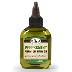 Difeel peppermint hair oil bottle highlights premium natural formula for scalp care.