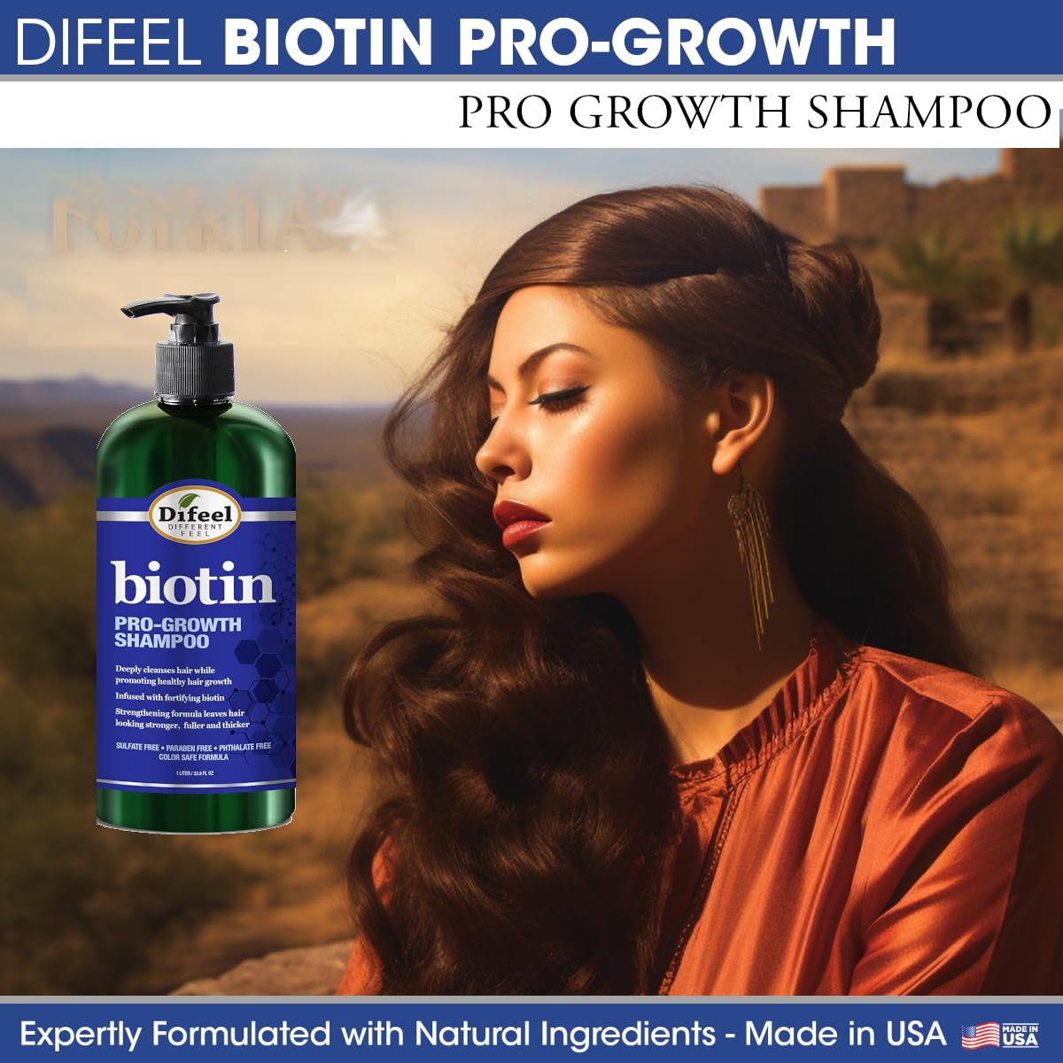 Difeel Pro-Growth Biotin Shampoo bottle close-up, color-safe formula emphasized