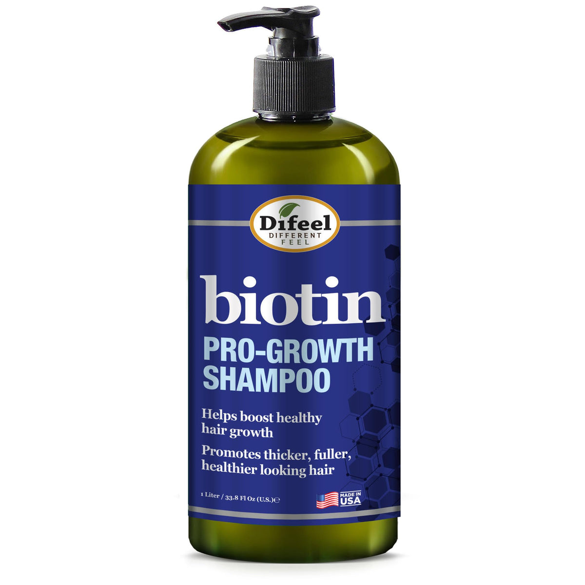 Difeel Pro-Growth Biotin Shampoo bottle front view, large 33oz size