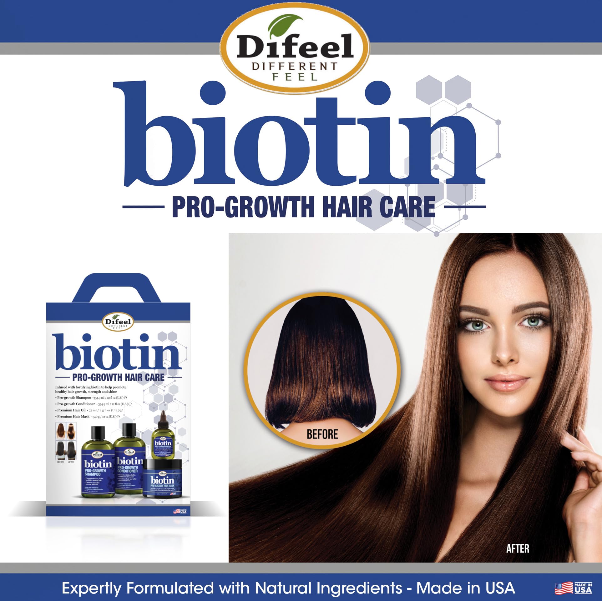 Difeel Pro-Growth set on bathroom shelf beside other care products.