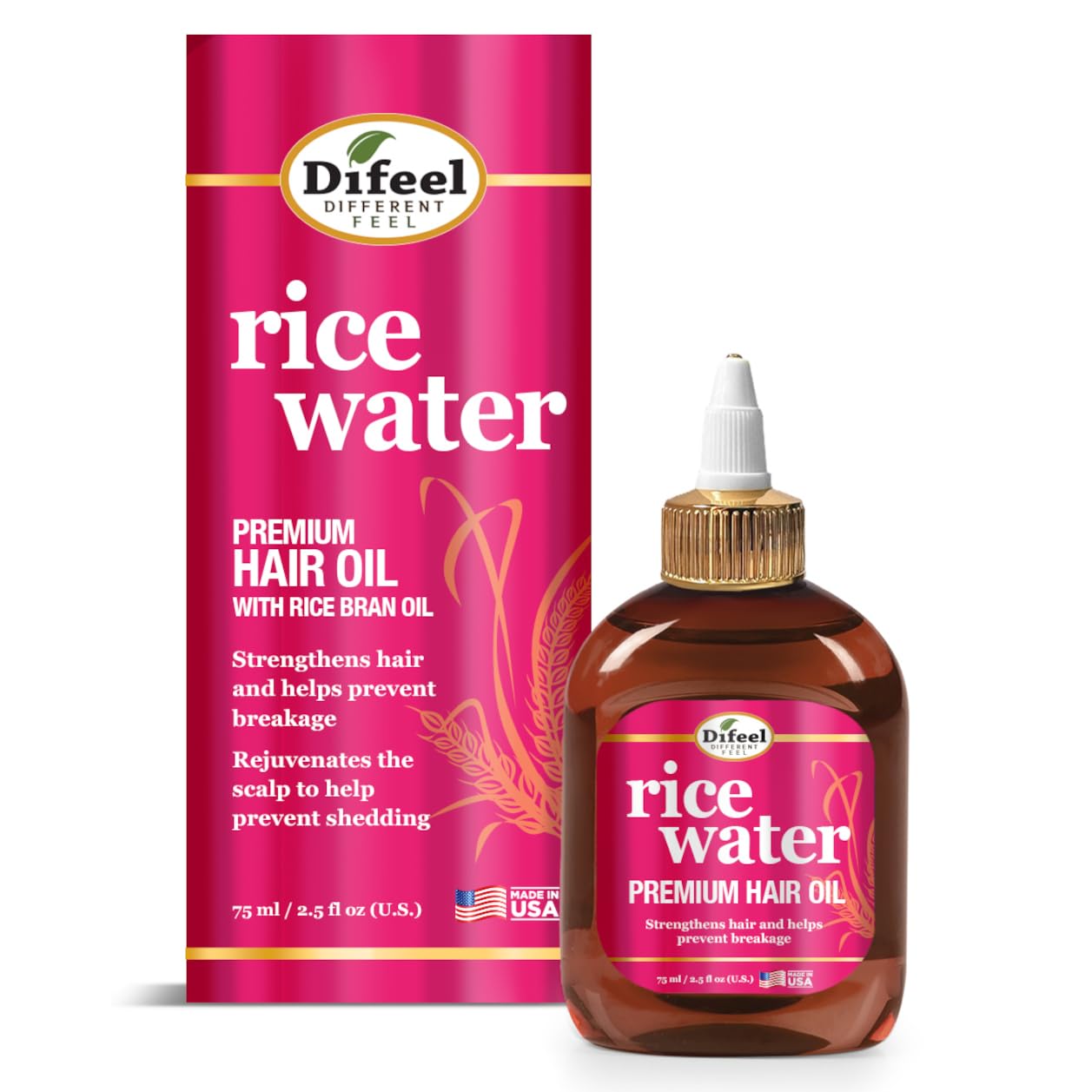 Difeel Rice Water Hair Oil bottle close-up for stronger hair