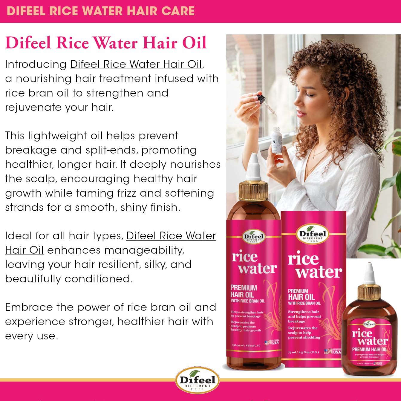 Difeel Rice Water Hair Oil frizz control smooths flyaways
