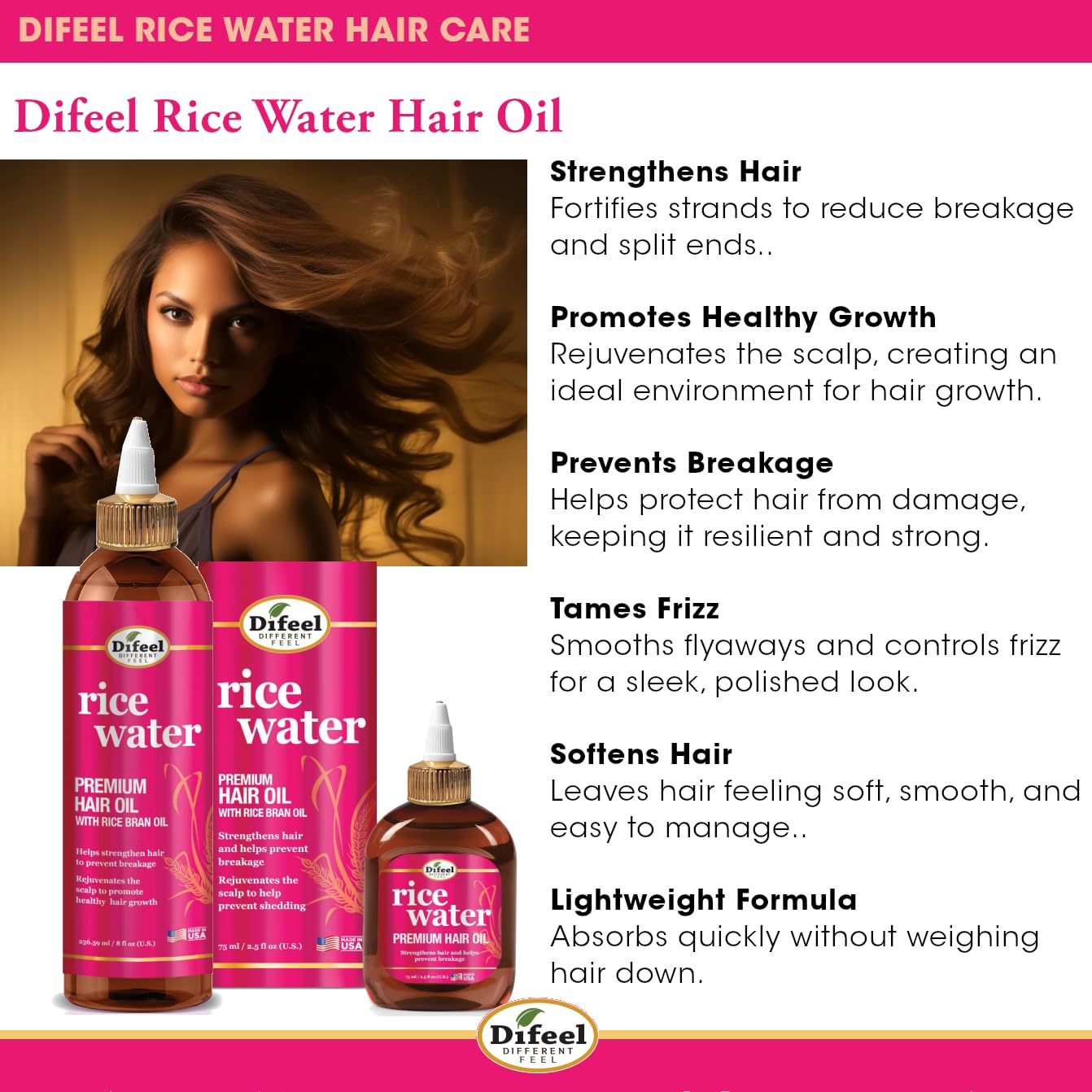 Difeel Rice Water Hair Oil softens hair for silky strands