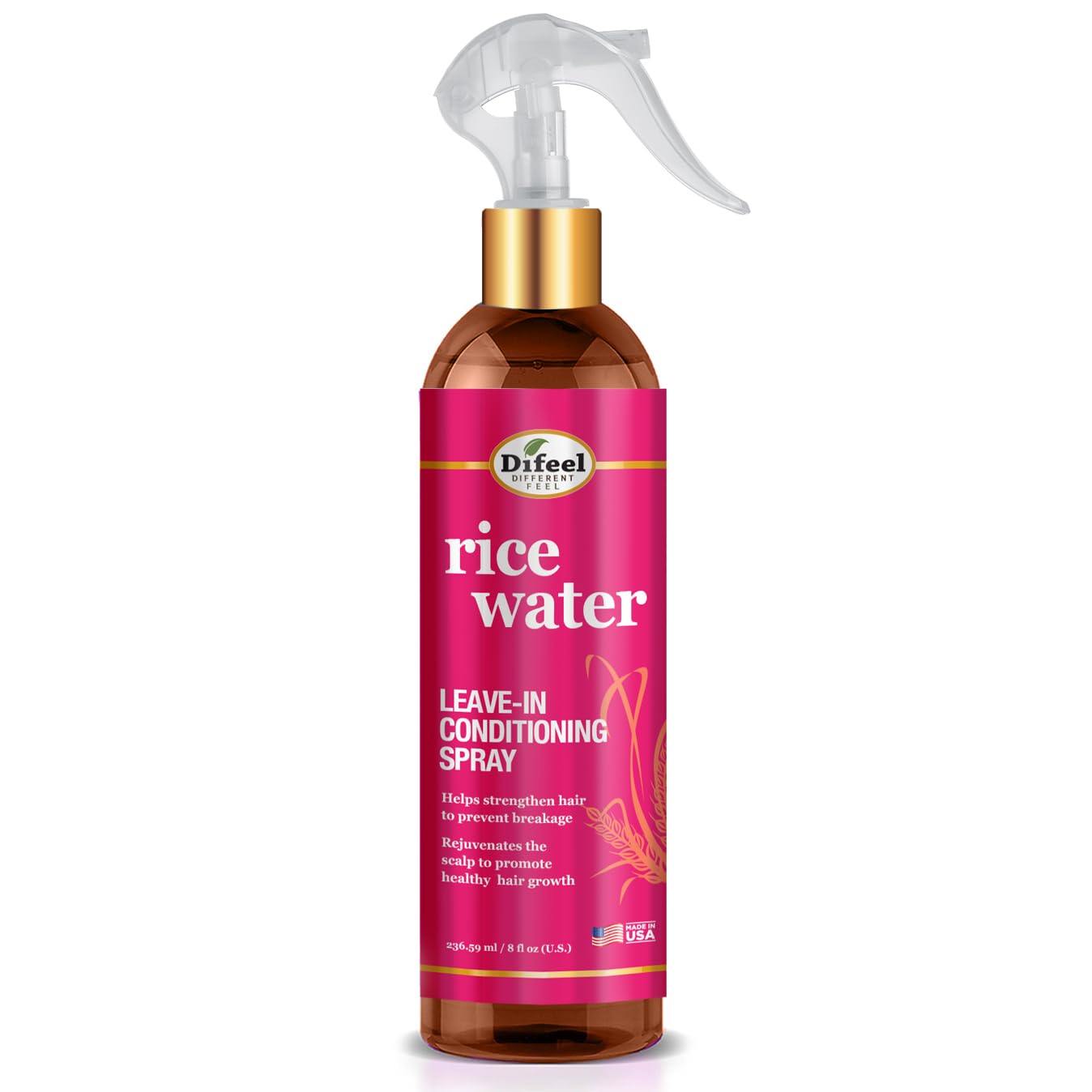 Difeel rice water leave-in spray bottle for lightweight hydration and frizz control.