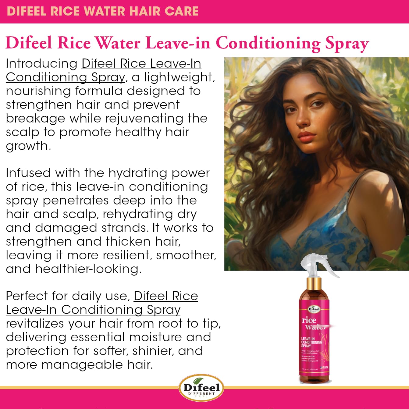 Difeel rice water leave-in spray applied to hair for smooth, manageable strands.