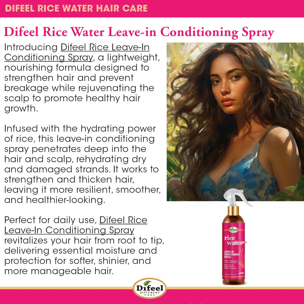 Difeel rice water leave-in spray applied to hair for smooth, manageable strands.