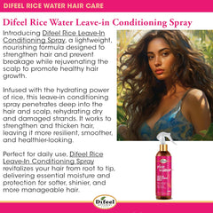 Difeel rice water leave-in spray applied to hair for smooth, manageable strands.