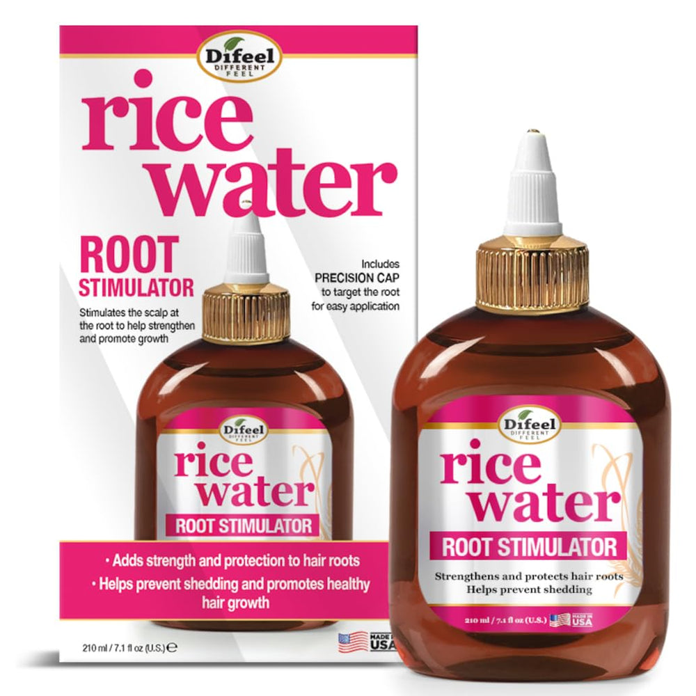 Difeel Rice Water Root Stimulator bottle shows a lightweight formula for stronger roots.