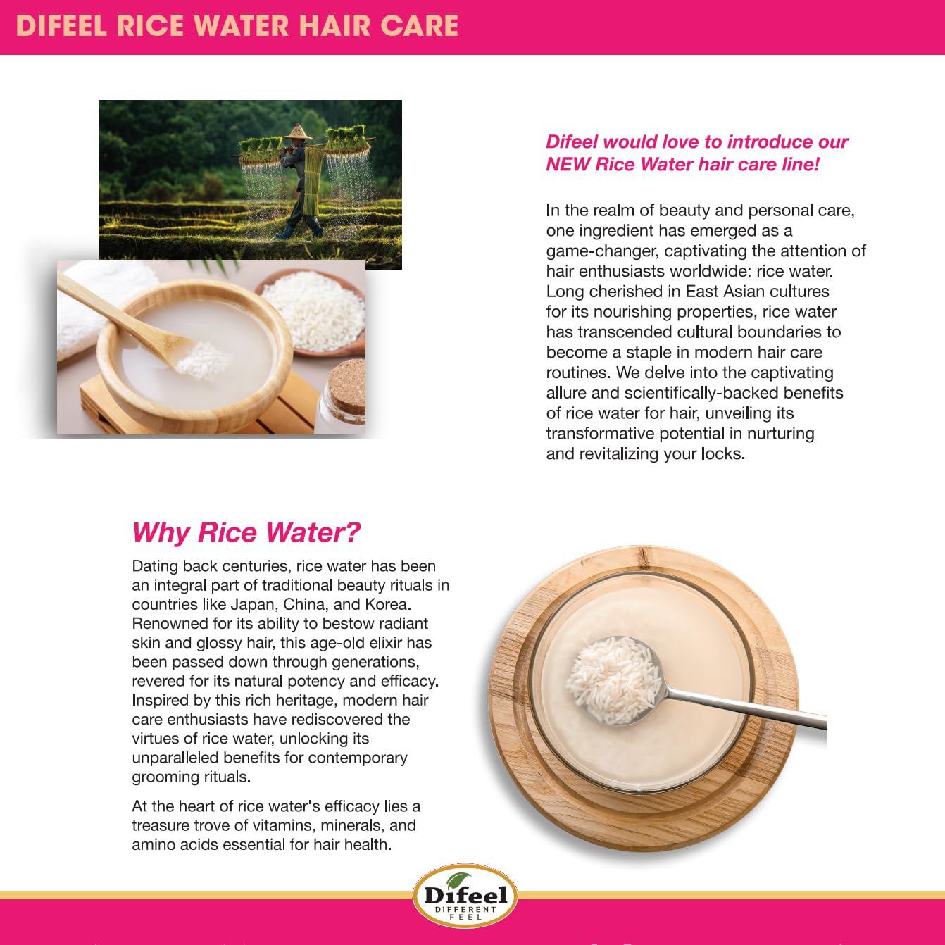 Hair close-up with Difeel Rice Water Root Stimulator for improved manageability and strength.