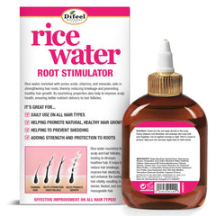 Close-up of ingredients in Difeel Rice Water Root Stimulator highlighting nourishing rice water benefits.