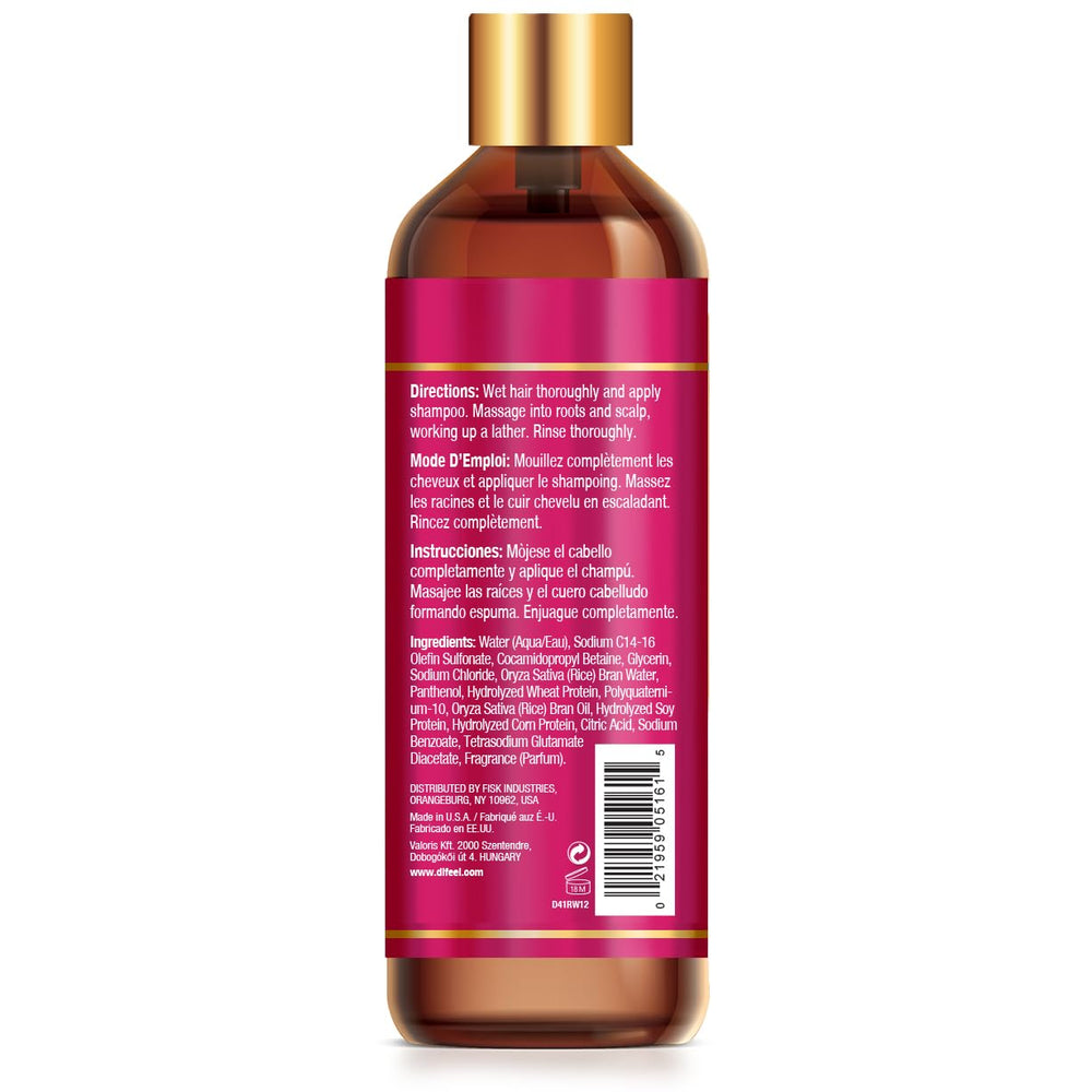 Difeel Rice Water Shampoo bottle back label; key ingredients and usage guidance.