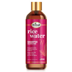 Difeel Rice Water Shampoo bottle front view; sulfate-free formula supports all hair types.