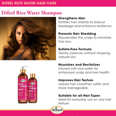 Difeel Rice Water Shampoo ingredients rice water; nourishing care for scalp health.