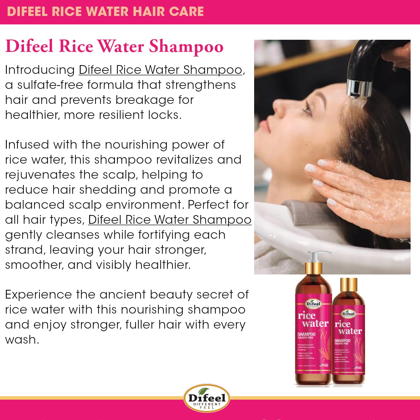 Difeel Rice Water Shampoo lather close-up; creamy texture for gentle cleansing.