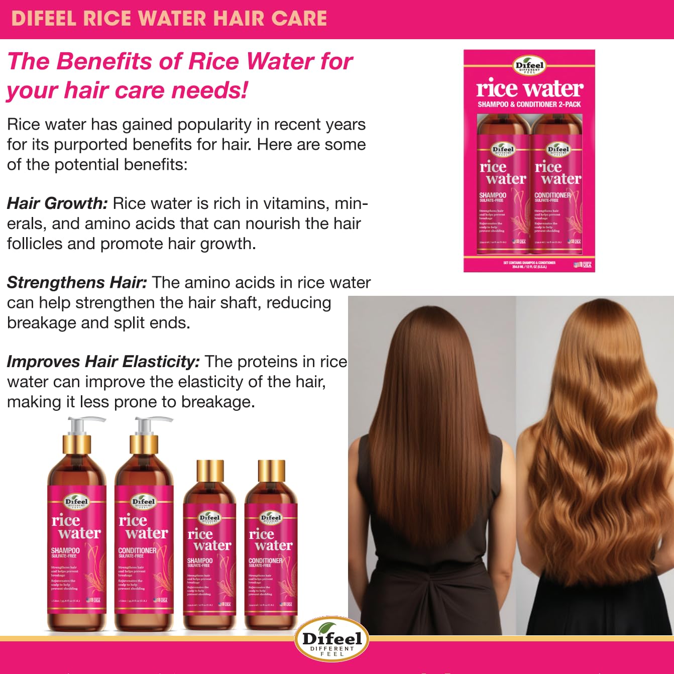 Difeel Rice Water Shampoo close-up shows smooth hair after washing.