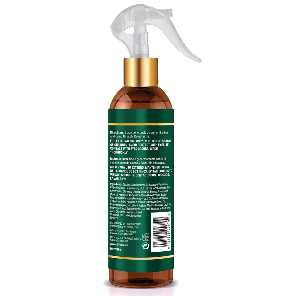 Difeel bottle with spray nozzle illustrating even, lightweight nourishment for the scalp.