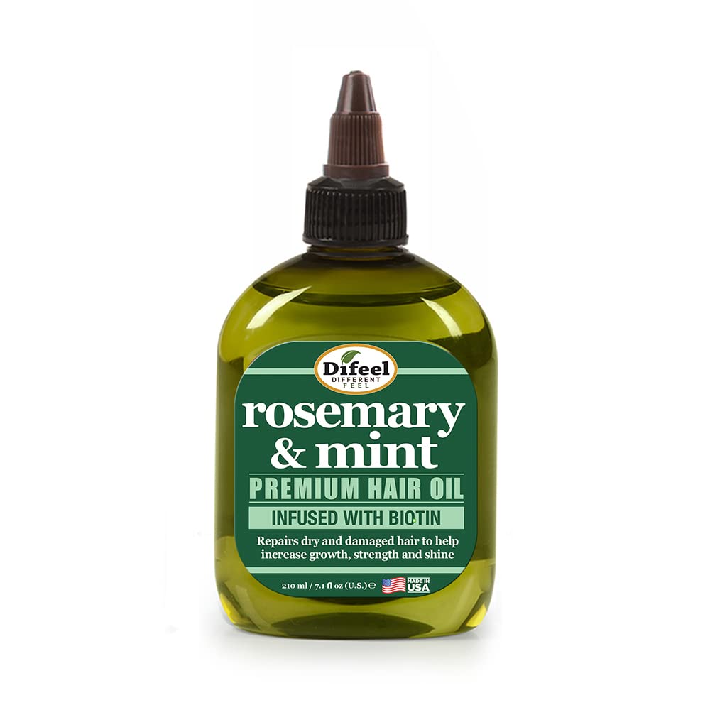Difeel Rosemary & Mint Hair Oil bottle promotes moisture and shine.