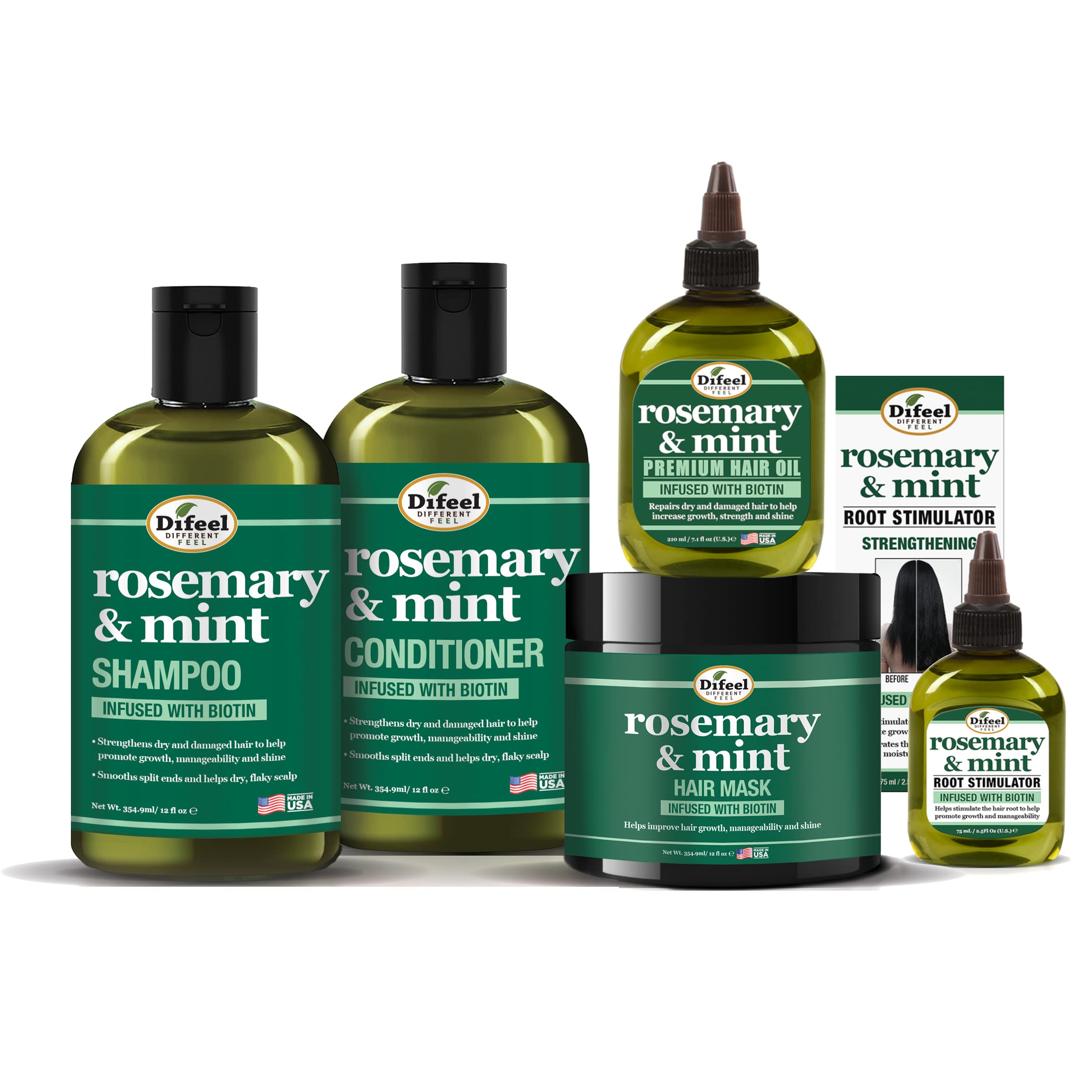 Difeel Rosemary & Mint Shampoo bottle for strengthening hair with biotin.