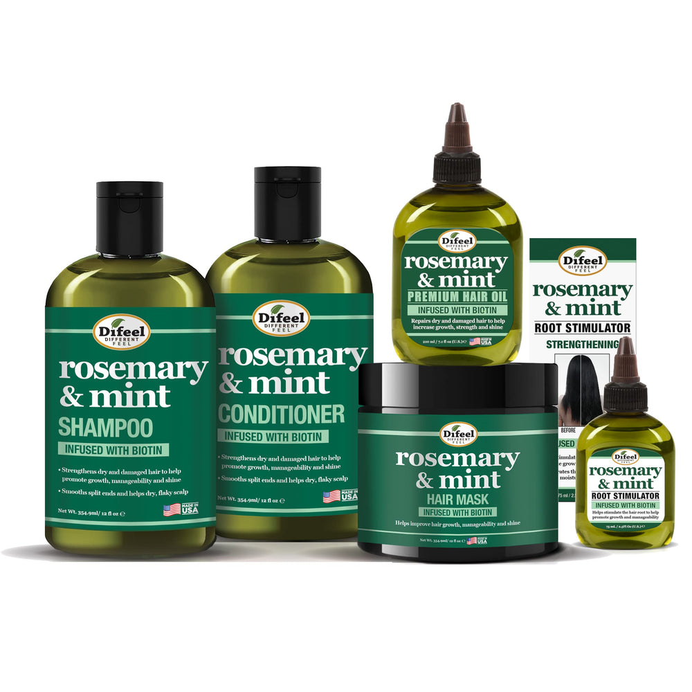 Difeel Rosemary & Mint Shampoo bottle for strengthening hair with biotin.