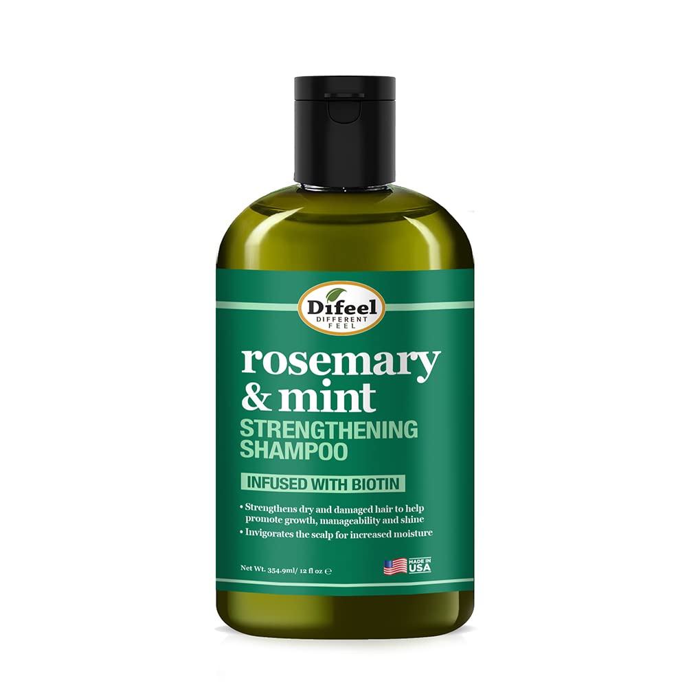 Difeel Rosemary Mint Strengthening Shampoo bottle on display highlighting hair vitality and strength.