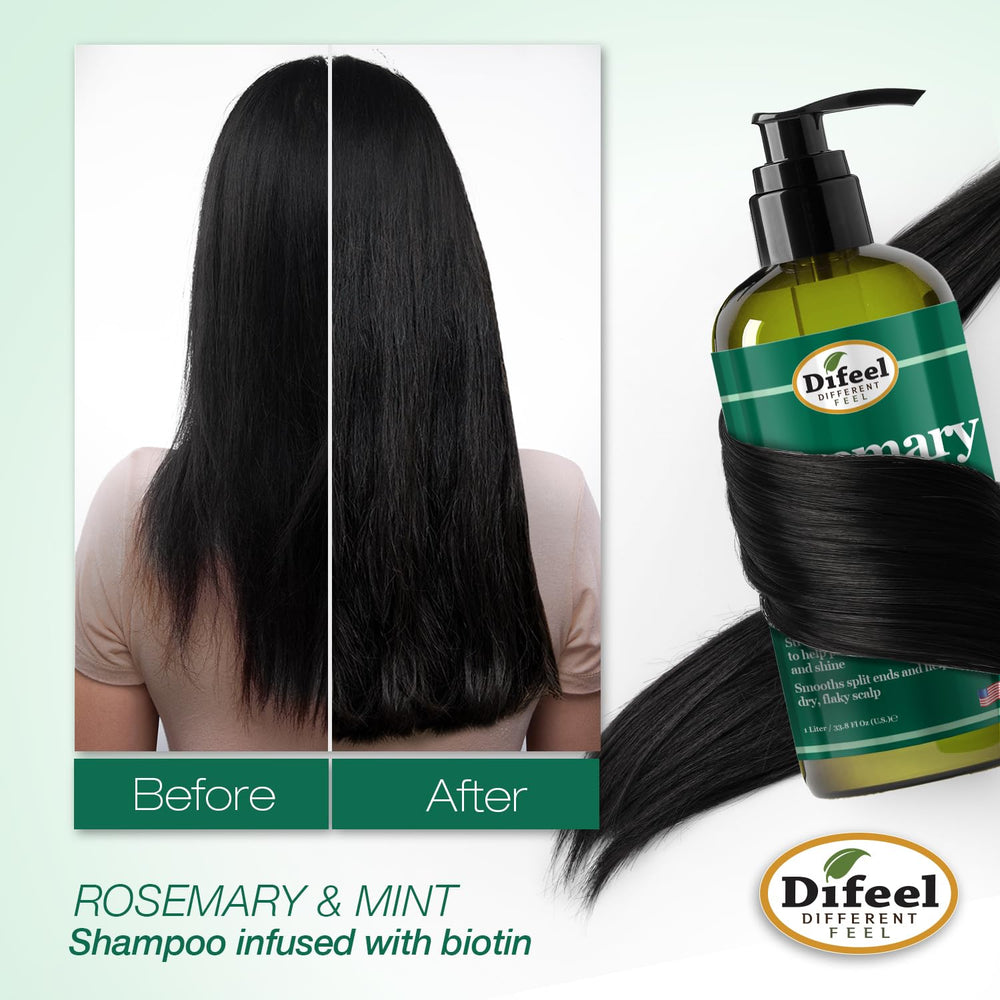 Difeel Rosemary Mint Shampoo pouring into palm shows smooth application.