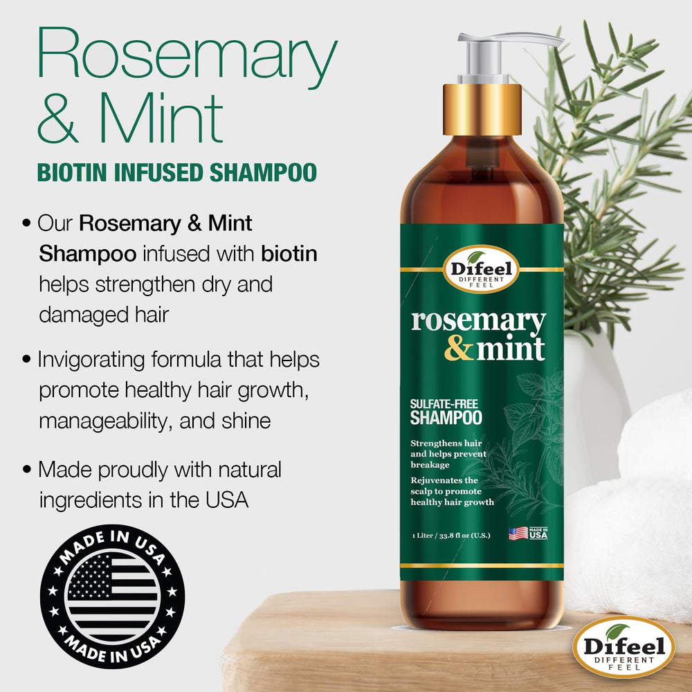 Difeel Rosemary Mint Shampoo bottle beside fresh rosemary sprigs on a vanity.