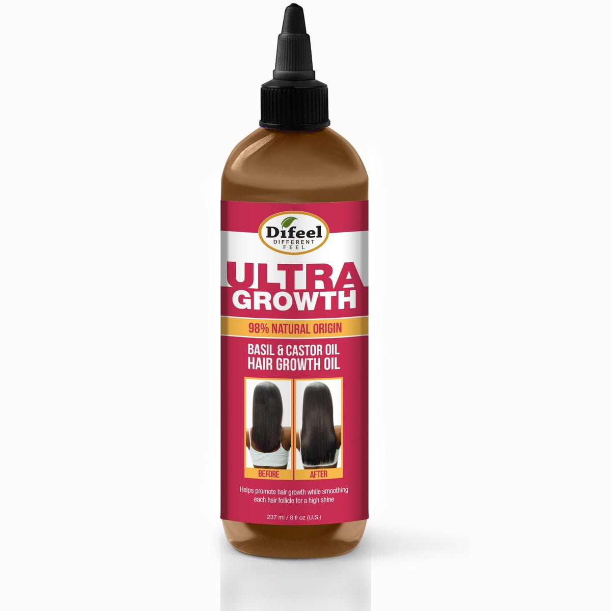 Difeel Ultra Growth Basil & Castor Oil bottle pour supports scalp nourishment and easy application