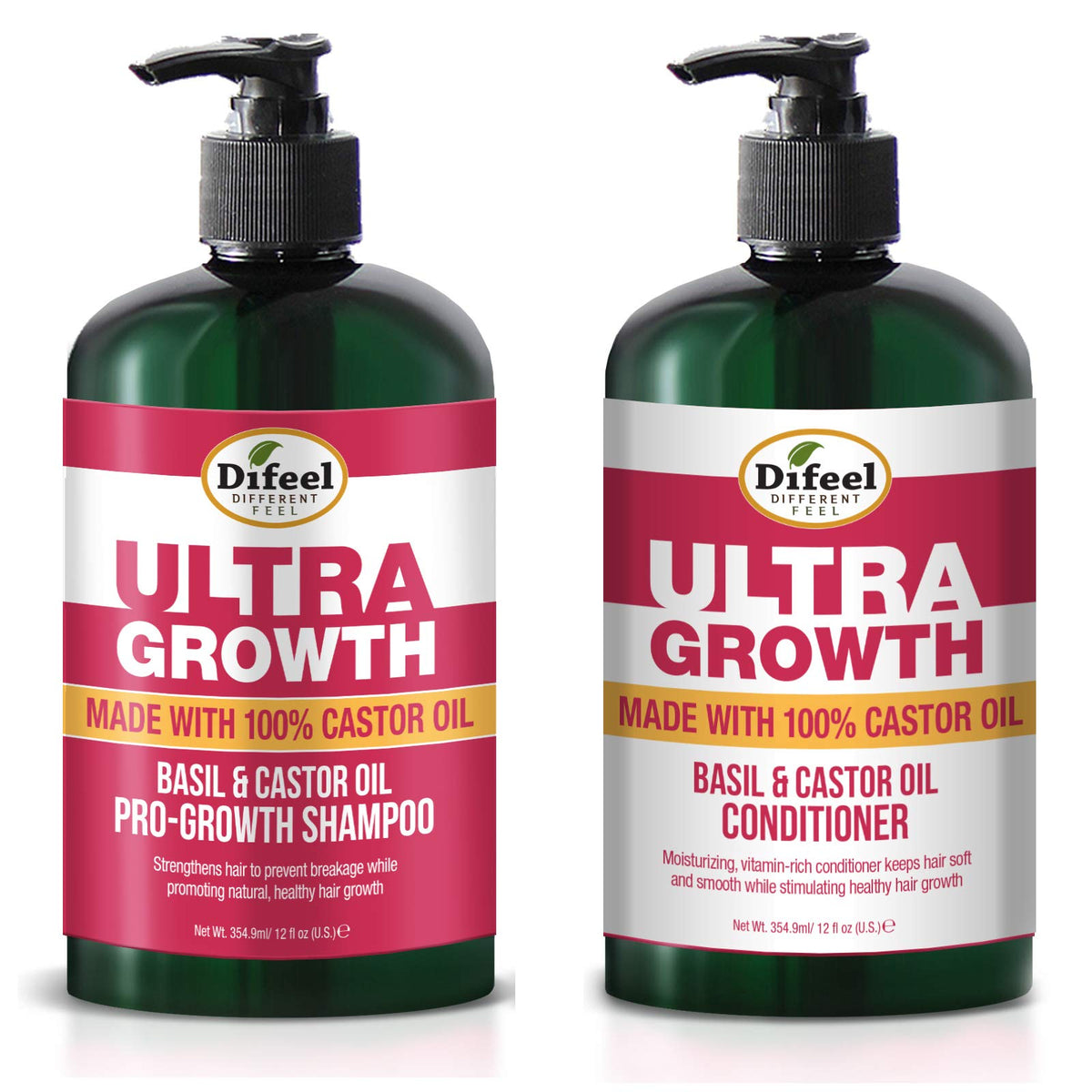 Difeel Ultra Growth Shampoo bottle with basil scent promoting fuller-looking hair