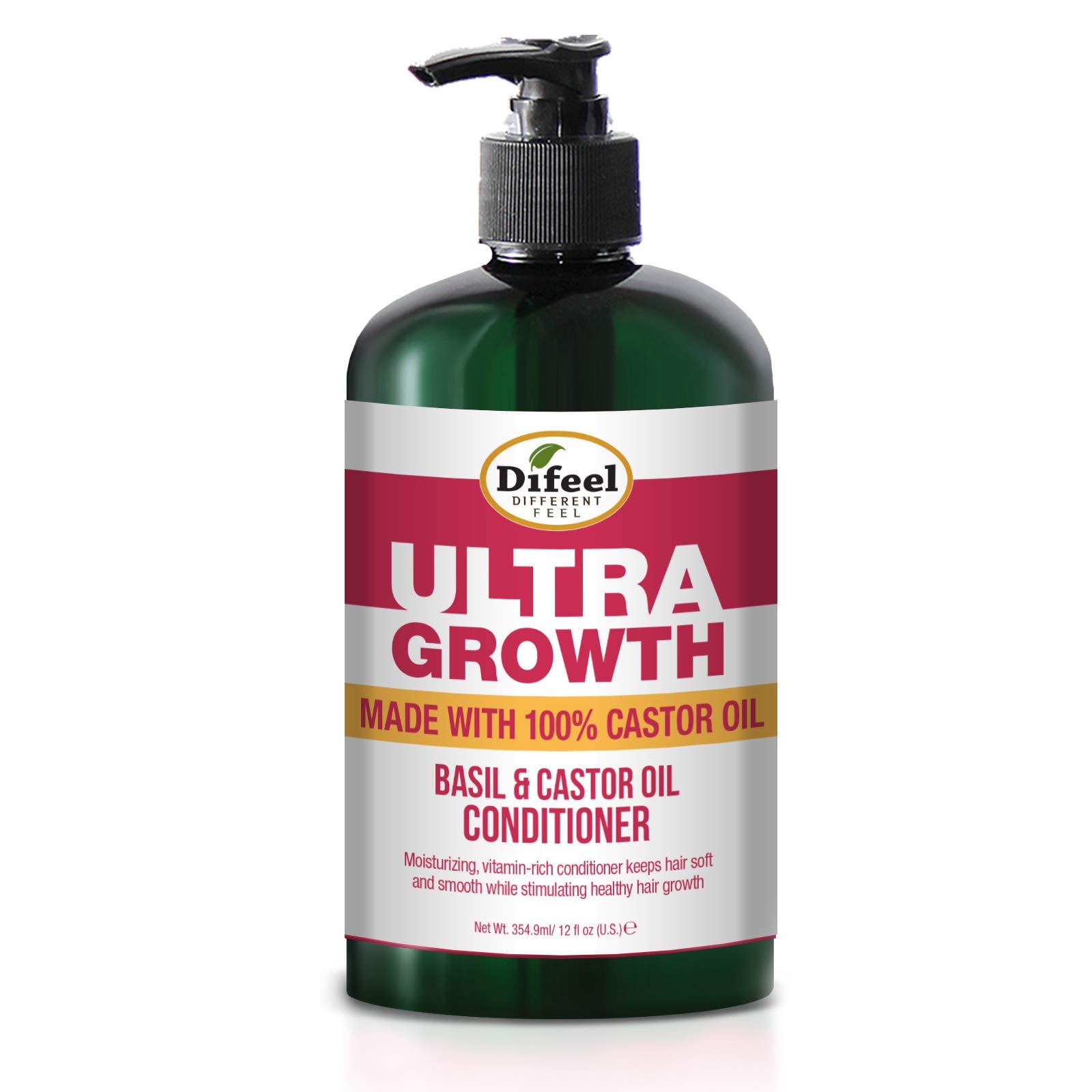 Difeel Ultra Growth Shampoo label highlights ingredients and basil aroma