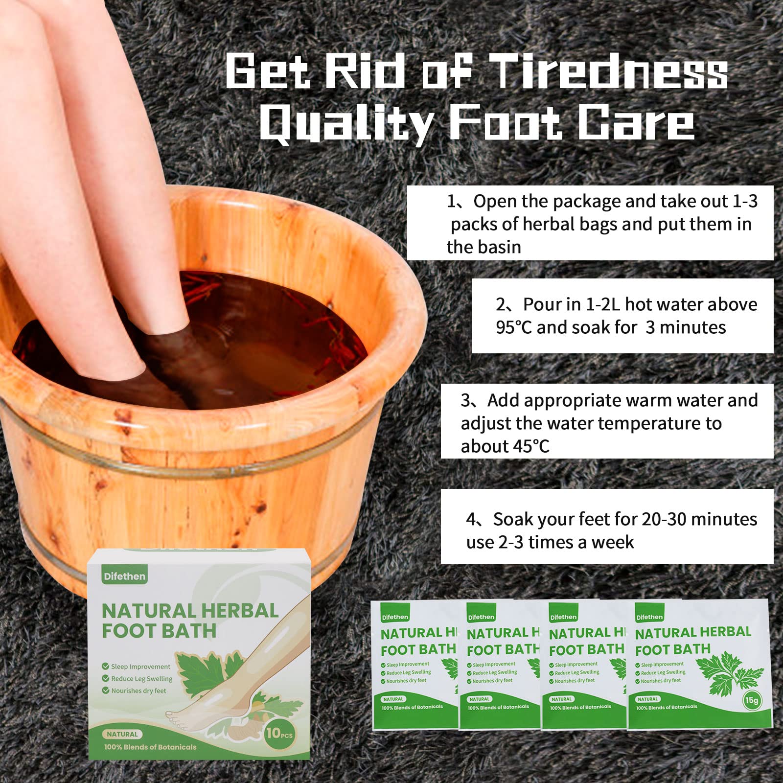 Difethen easy-to-use steps show a quick, relaxing foot spa routine.