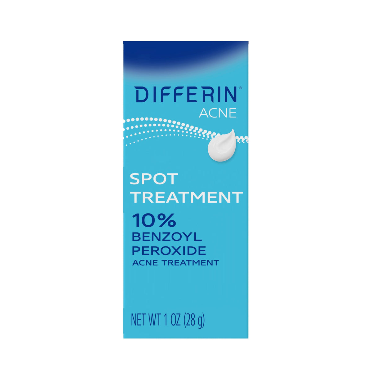 Differin 10% benzoyl peroxide spot treatment tube targets visible blemishes and reduces redness.