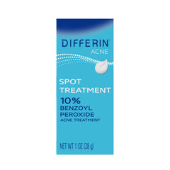 Differin 10% benzoyl peroxide spot treatment tube targets visible blemishes and reduces redness.