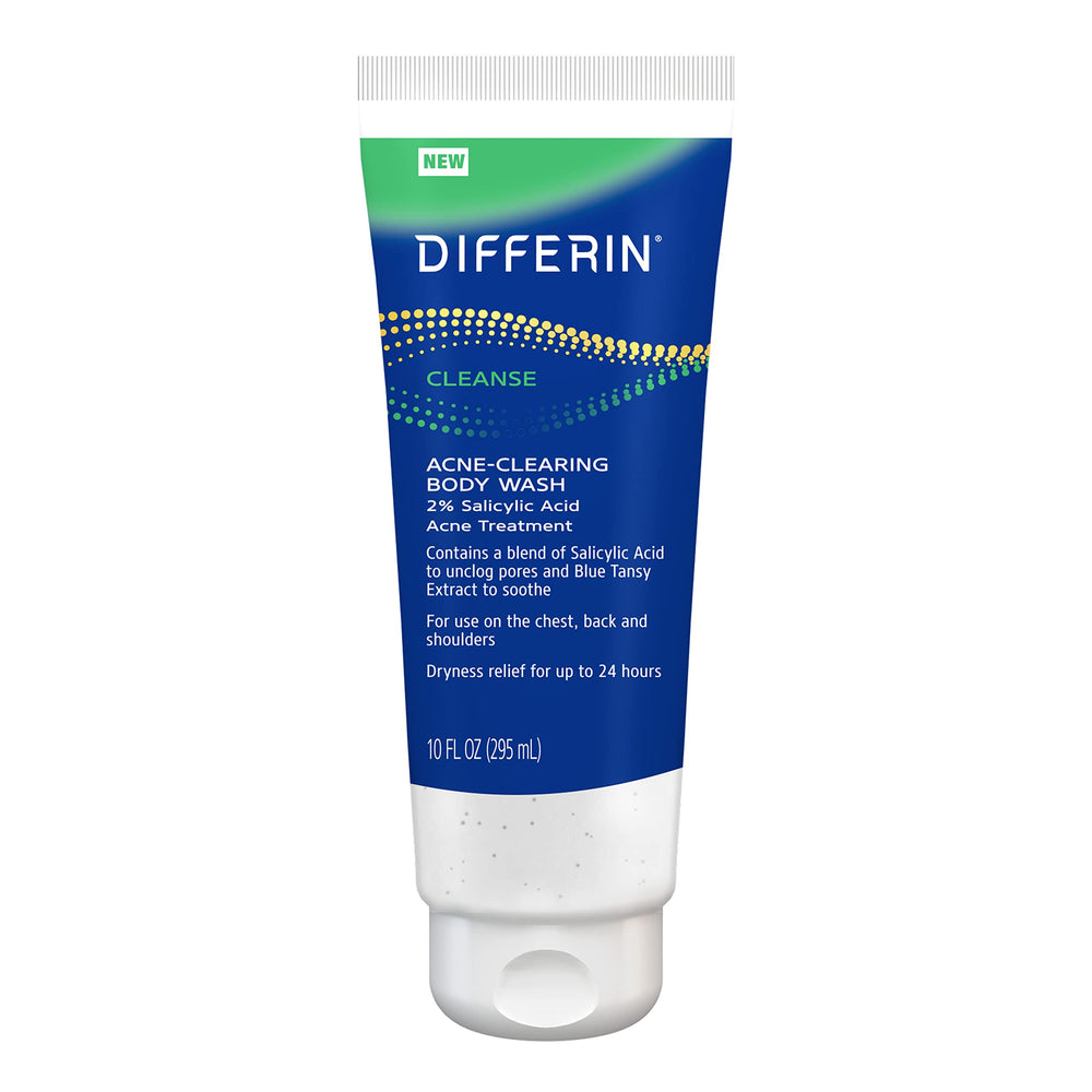 Differin acne body wash bottle on shelf for daily cleansing.