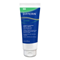 Differin acne body wash bottle on shelf for daily cleansing.