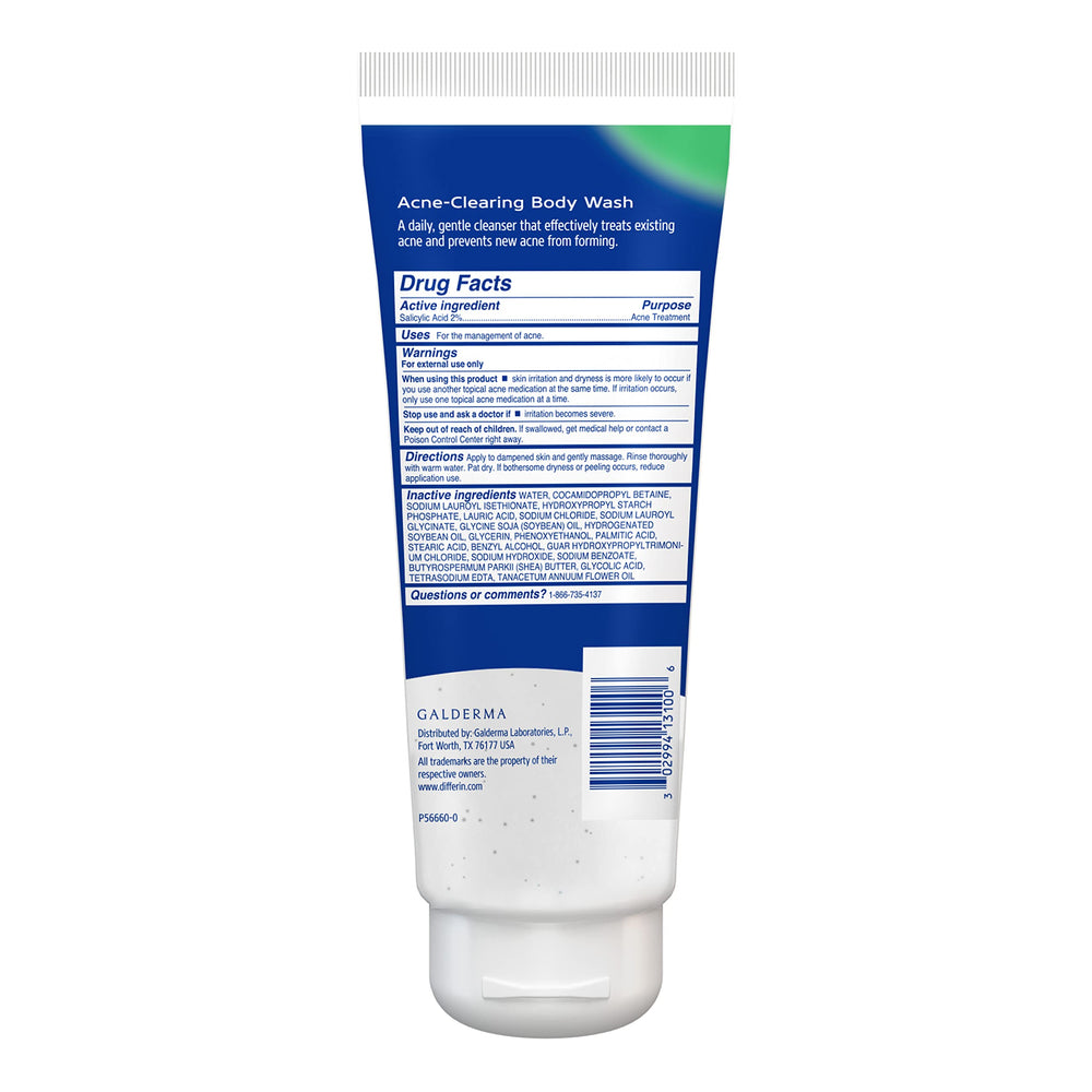 Differin acne body wash packaging on counter for daily use.