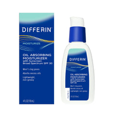 Differin oil-absorbing moisturizer bottle showing SPF 30 for all-day protection