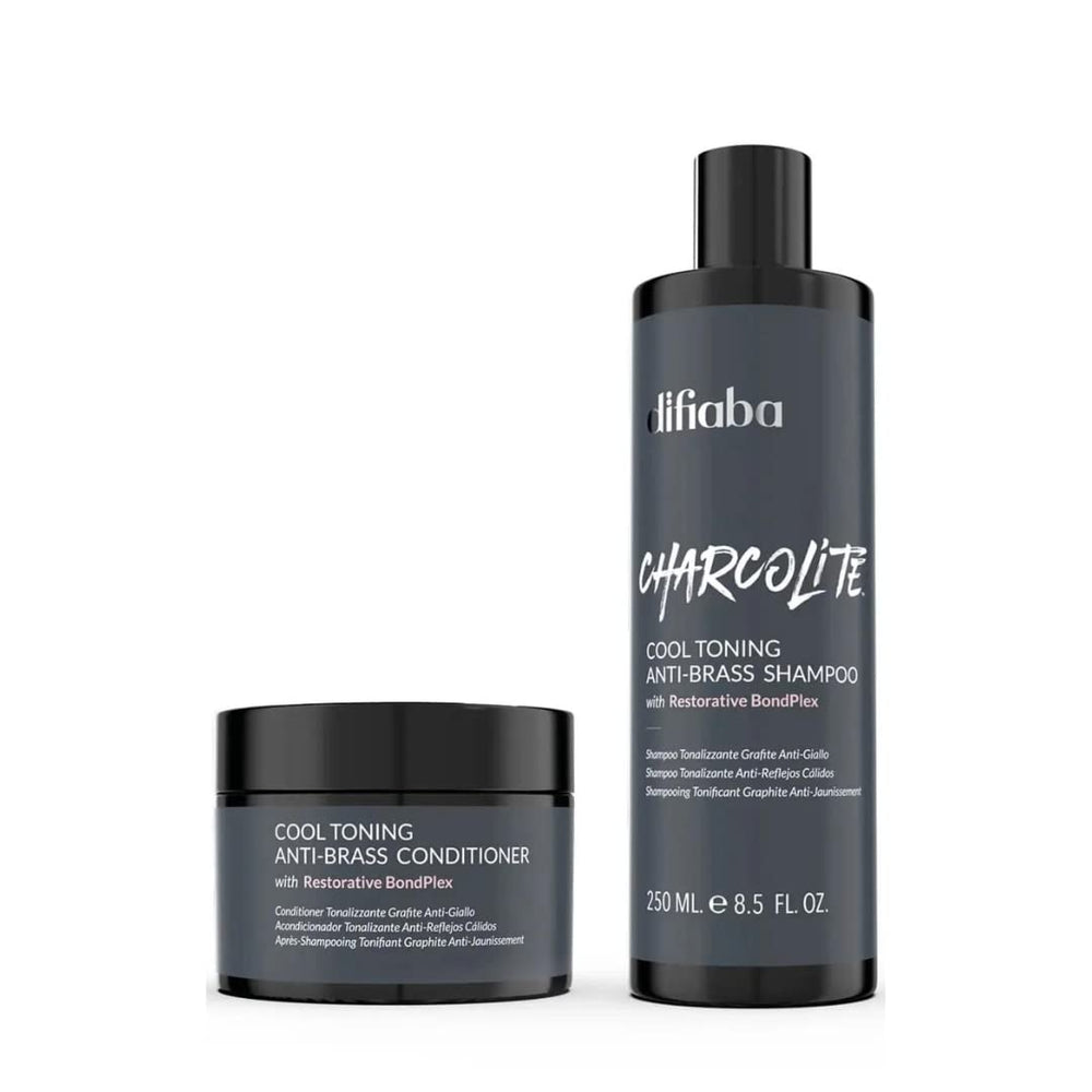 Difiaba Charcolite shampoo bottle shows brass-neutralizing power for cooler tones.
