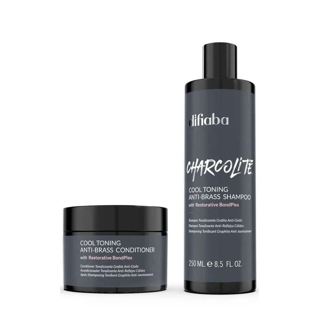 Difiaba Charcolite shampoo bottle shows brass-neutralizing power for cooler tones.
