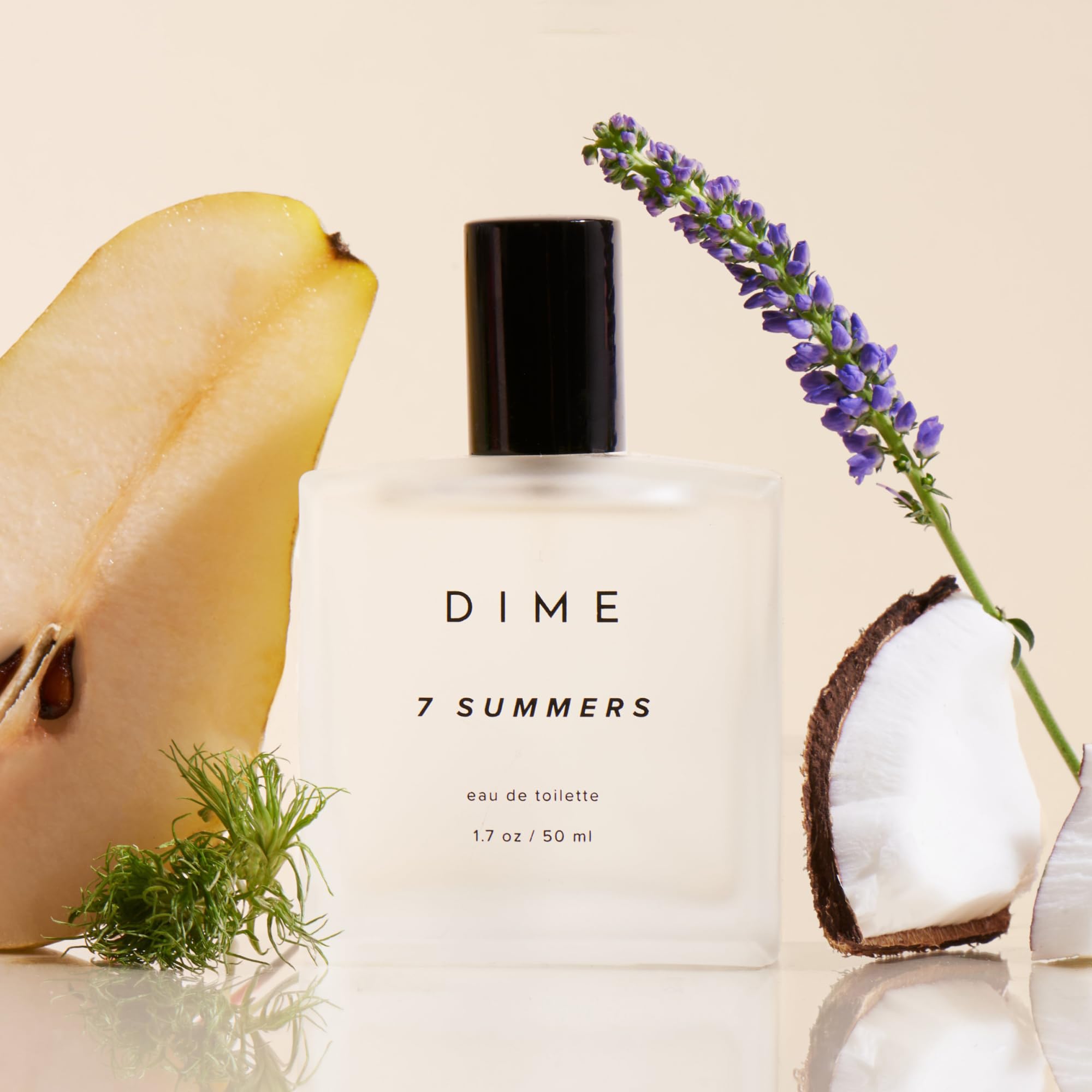 DIME 7 Summers top notes visual with bergamot, pear, and lavender.